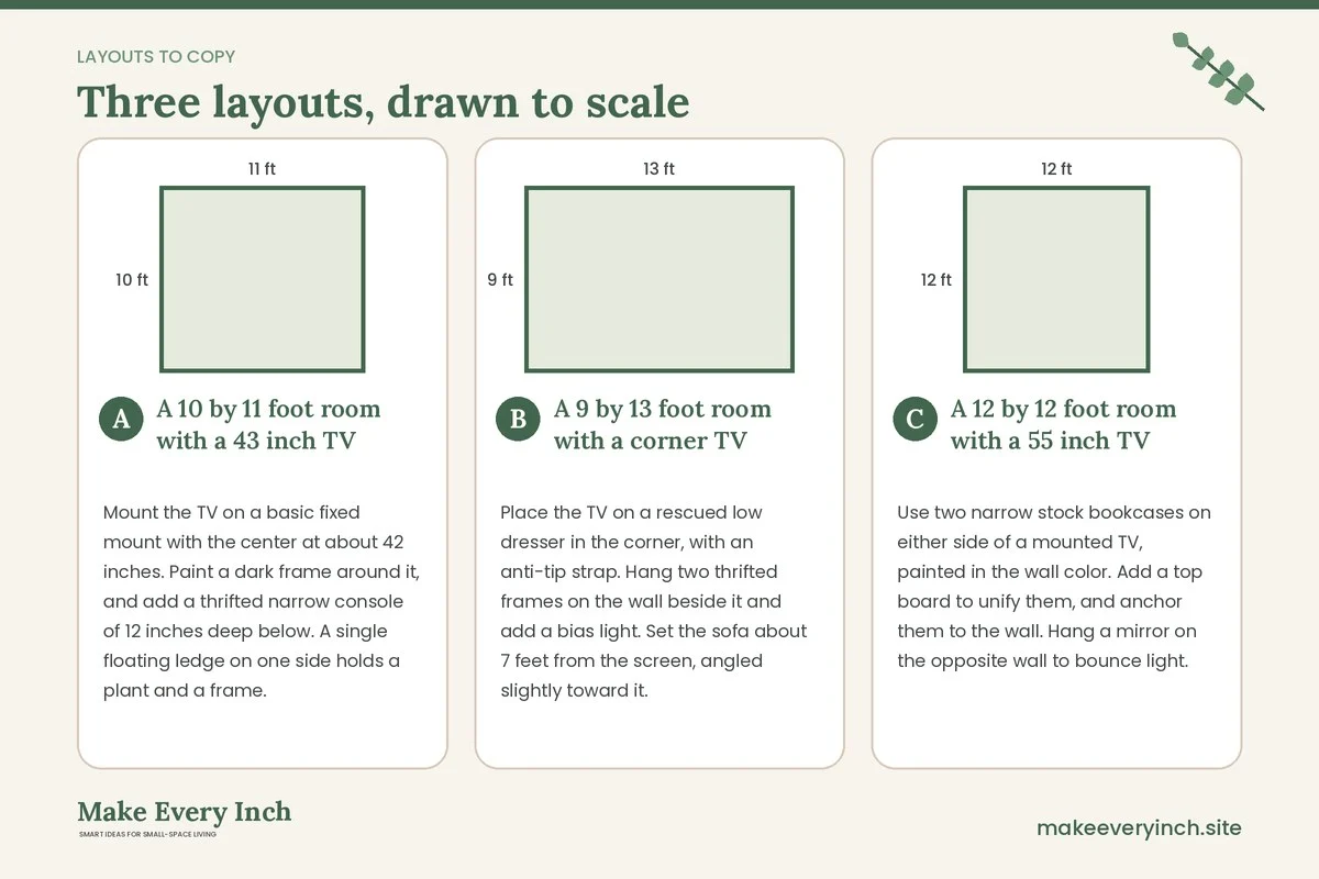 Three room layouts drawn to scale with dimensions and placement notes for: Small Living Room TV Wall Ideas Budget