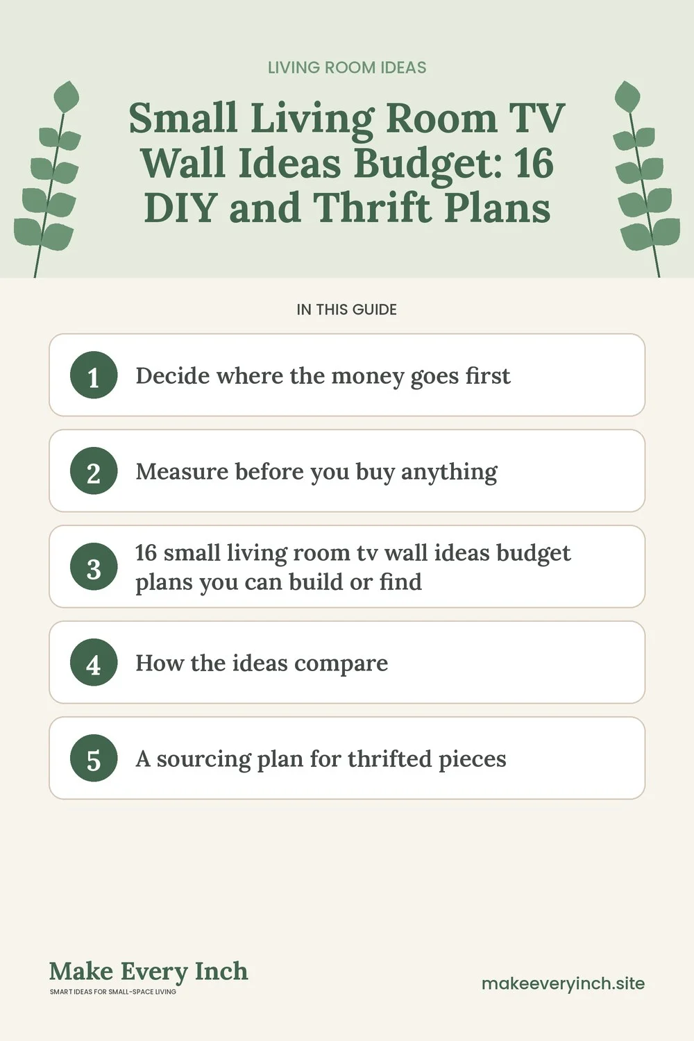 Pinterest pin listing the main topics in: Small Living Room TV Wall Ideas Budget