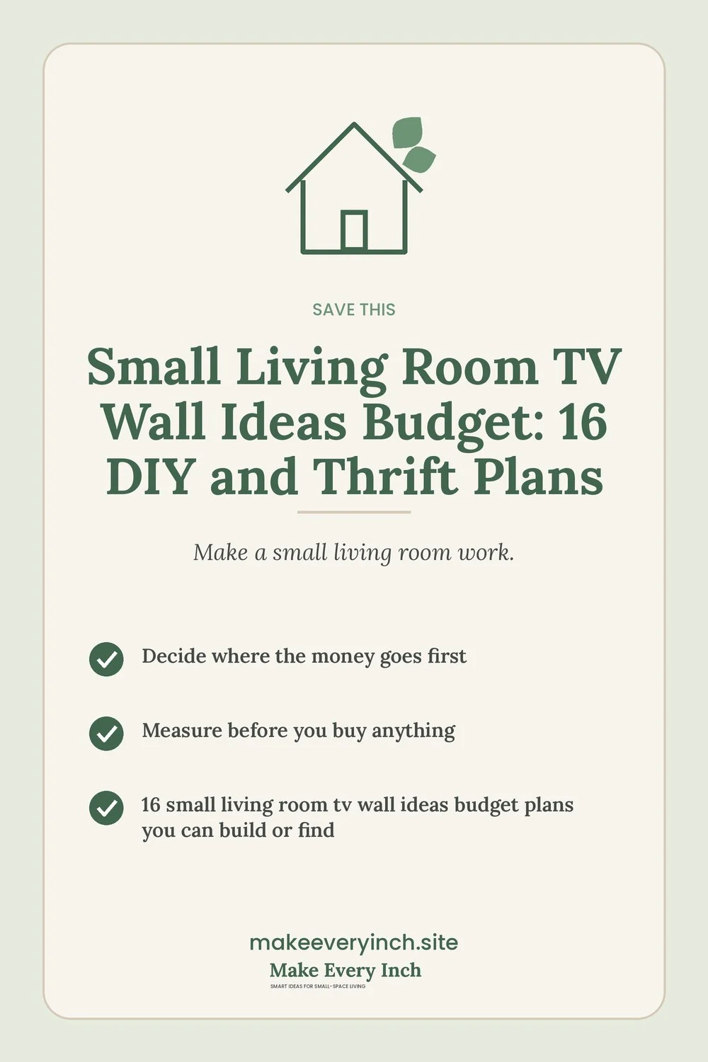Save-this Pinterest pin with a short checklist for: Small Living Room TV Wall Ideas Budget