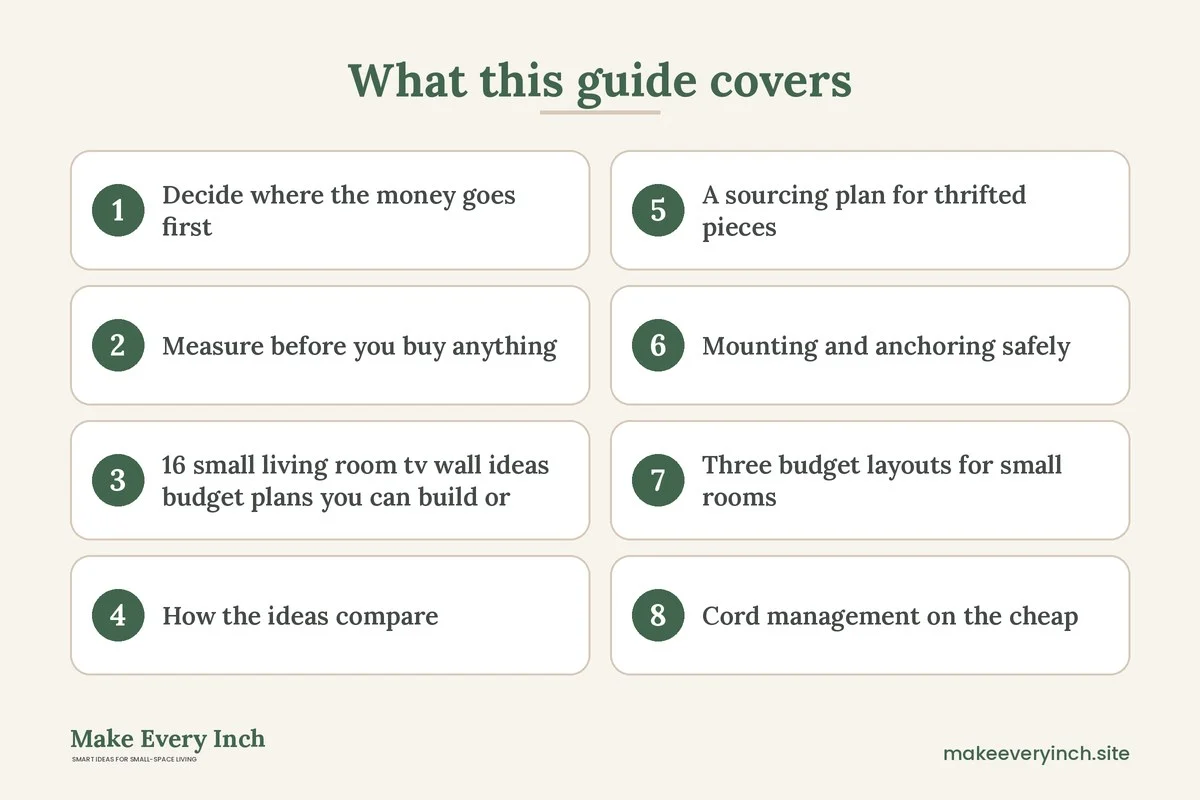 Graphic listing 8 topics covered in: Small Living Room TV Wall Ideas Budget