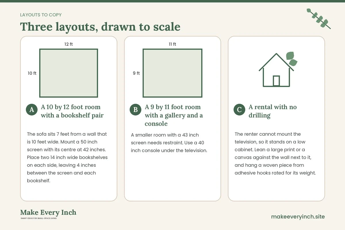 Three room layouts drawn to scale with dimensions and placement notes for: 13 Small Living Room TV Wall Ideas Cozy Enough to Linger In