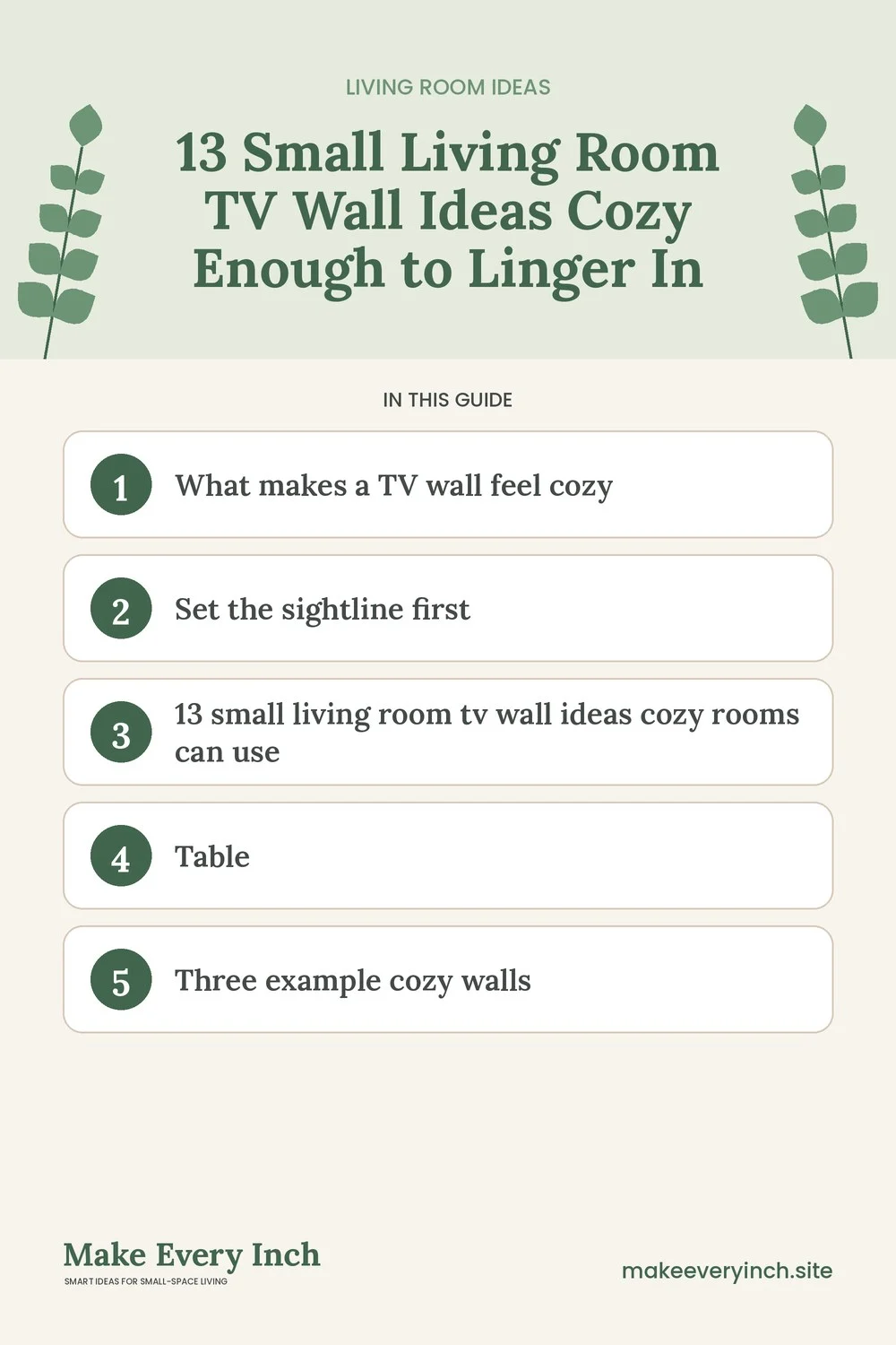 Pinterest pin listing the main topics in: 13 Small Living Room TV Wall Ideas Cozy Enough to Linger In