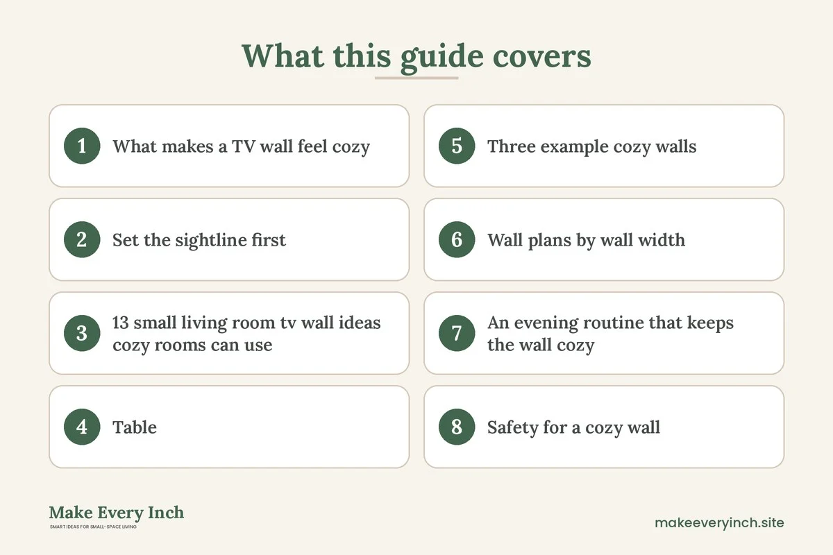 Graphic listing 8 topics covered in: 13 Small Living Room TV Wall Ideas Cozy Enough to Linger In