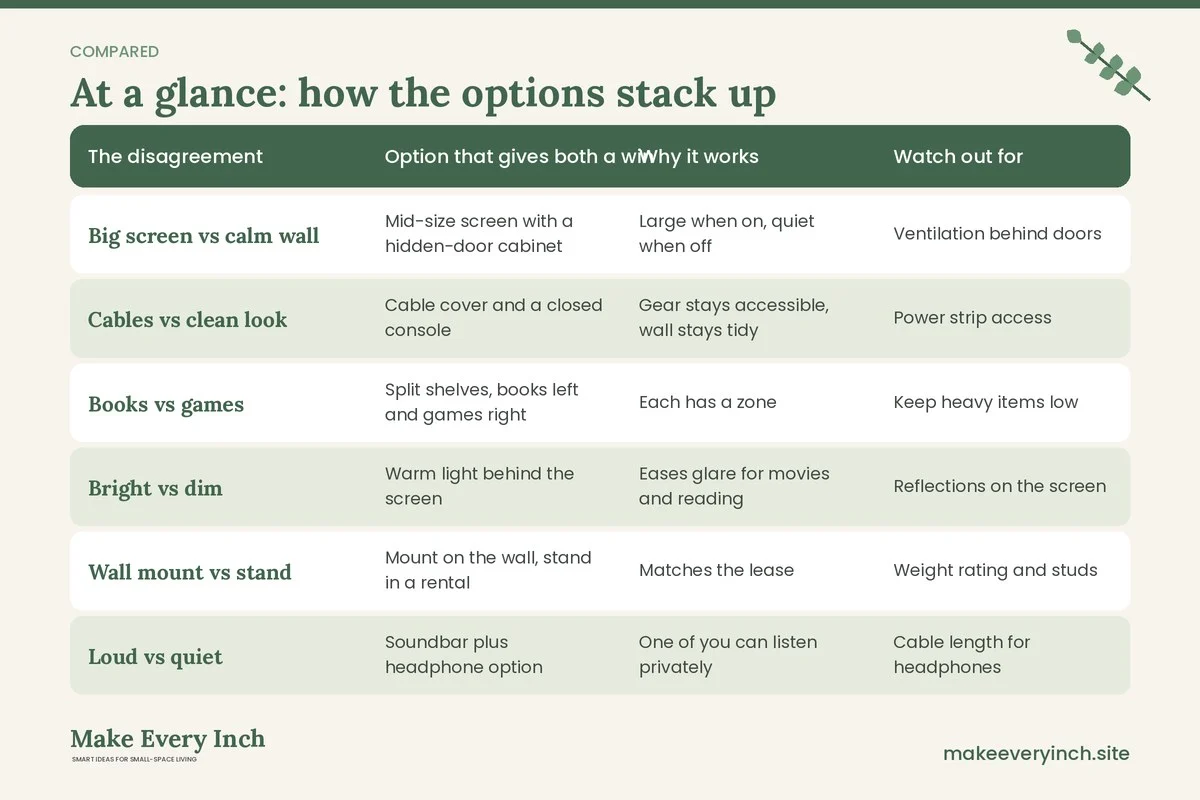 Comparison table of options for: 14 Small Living Room TV Wall Ideas for Couples Who Share One Screen (The disagreement, Option that gives both a win, Why it works, Watch out for)
