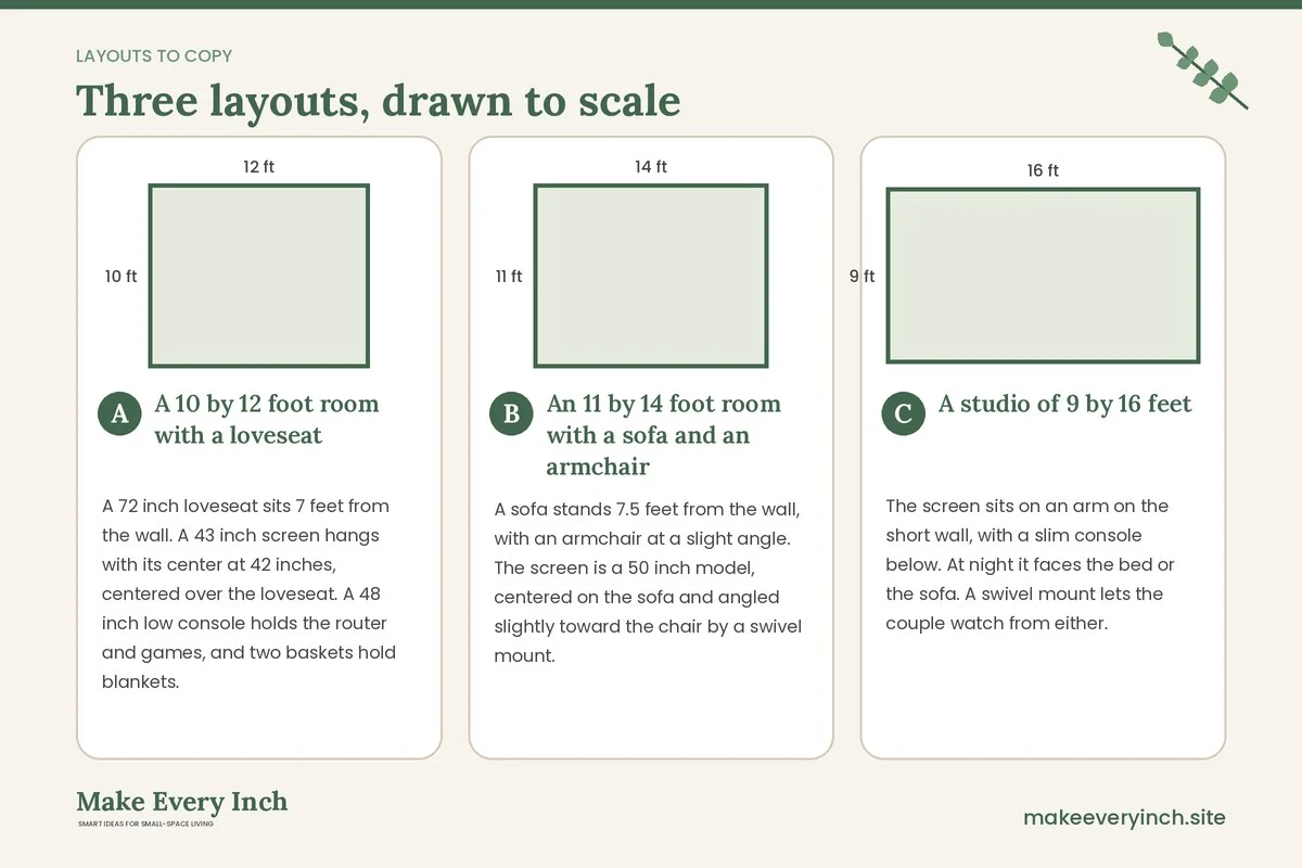 Three room layouts drawn to scale with dimensions and placement notes for: 14 Small Living Room TV Wall Ideas for Couples Who Share One Screen