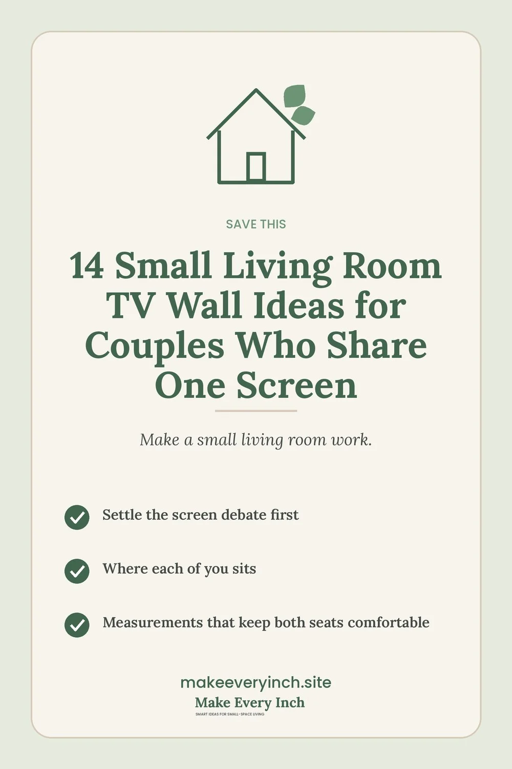 Save-this Pinterest pin with a short checklist for: 14 Small Living Room TV Wall Ideas for Couples Who Share One Screen