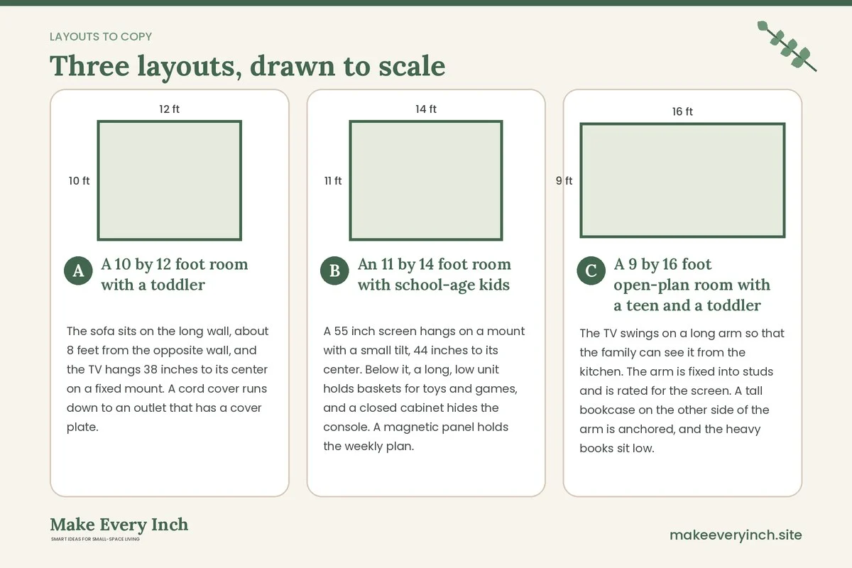 Three room layouts drawn to scale with dimensions and placement notes for: 15 Small Living Room TV Wall Ideas for Families That Keep Kids Safe
