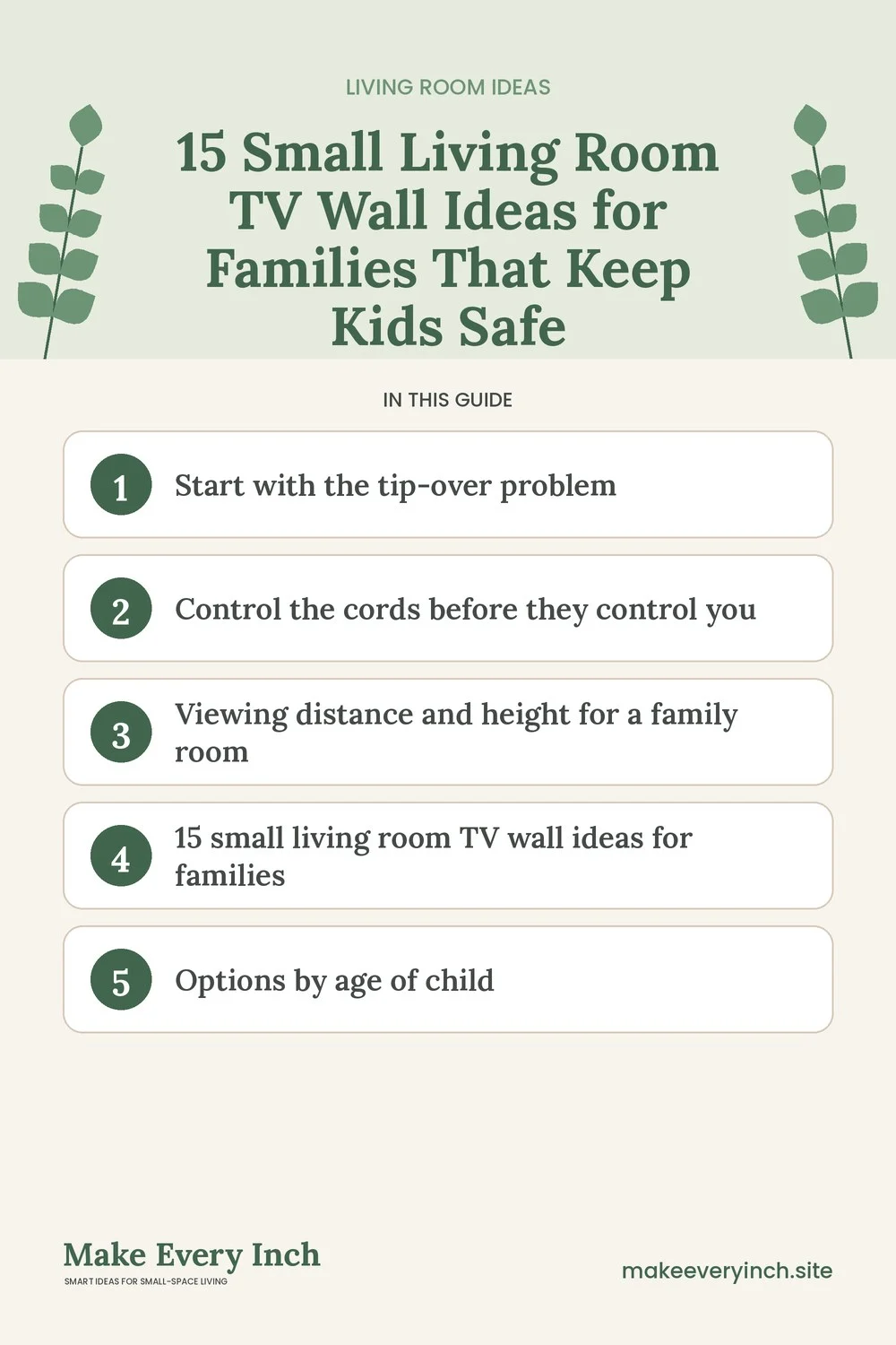 Pinterest pin listing the main topics in: 15 Small Living Room TV Wall Ideas for Families That Keep Kids Safe