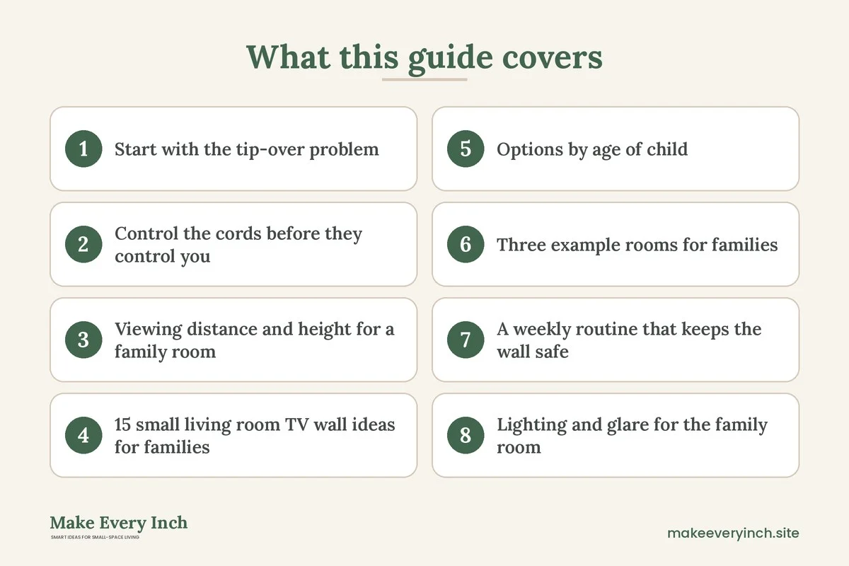 Graphic listing 8 topics covered in: 15 Small Living Room TV Wall Ideas for Families That Keep Kids Safe