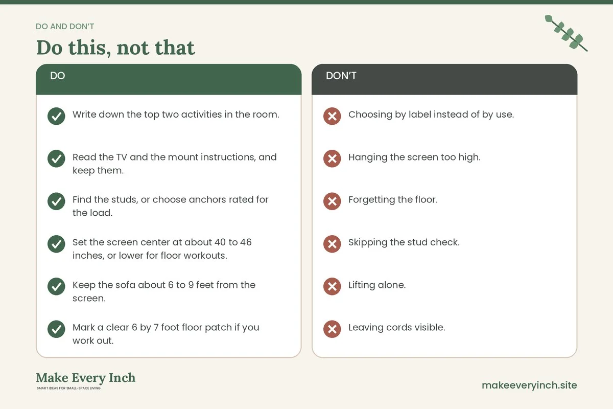 Do and don't checklist for: 14 Small Living Room TV Wall Ideas for Women That Fit Real Routines