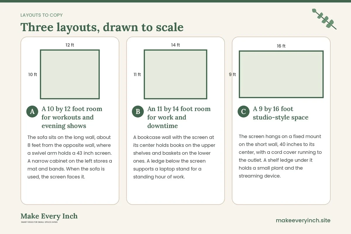 Three room layouts drawn to scale with dimensions and placement notes for: 14 Small Living Room TV Wall Ideas for Women That Fit Real Routines