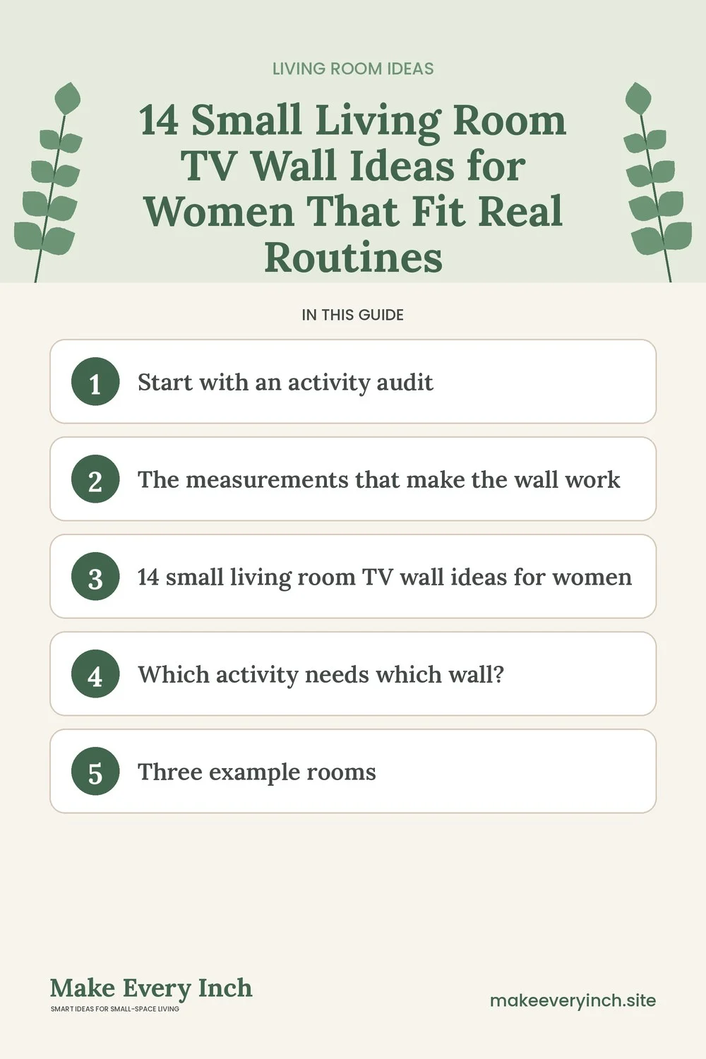 Pinterest pin listing the main topics in: 14 Small Living Room TV Wall Ideas for Women That Fit Real Routines