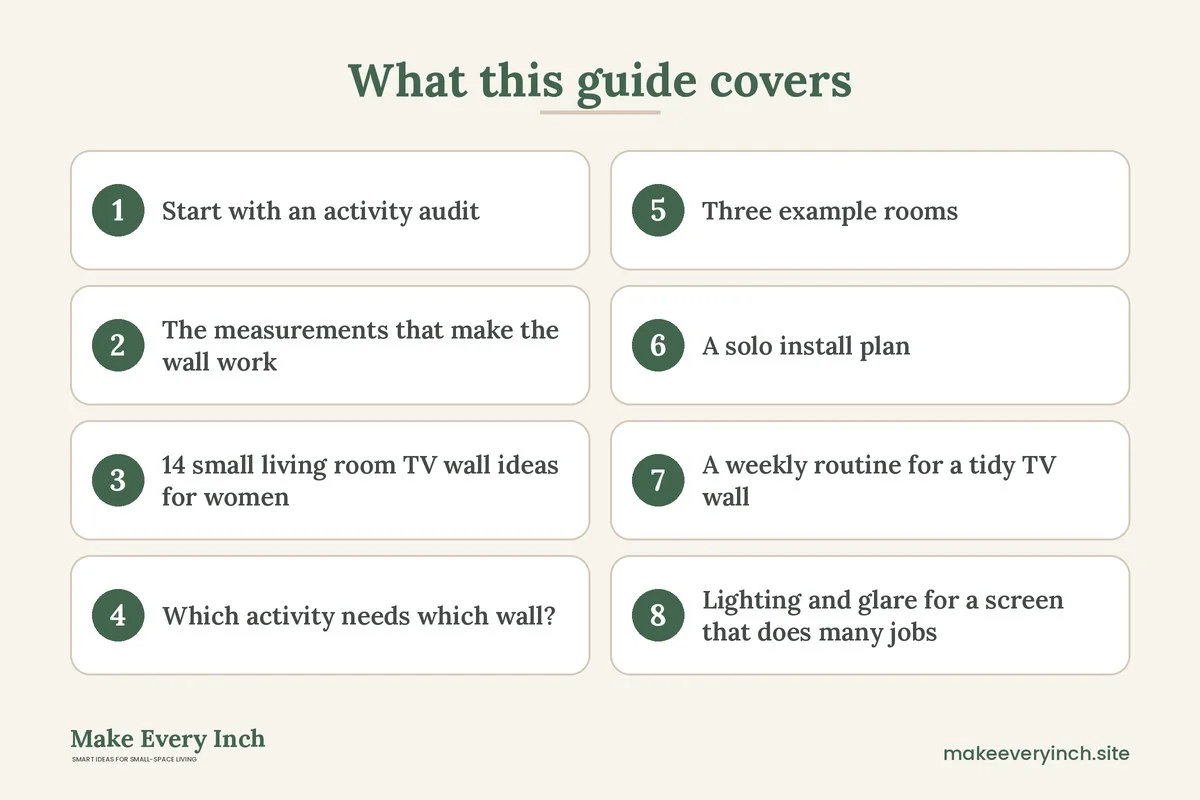 Graphic listing 8 topics covered in: 14 Small Living Room TV Wall Ideas for Women That Fit Real Routines