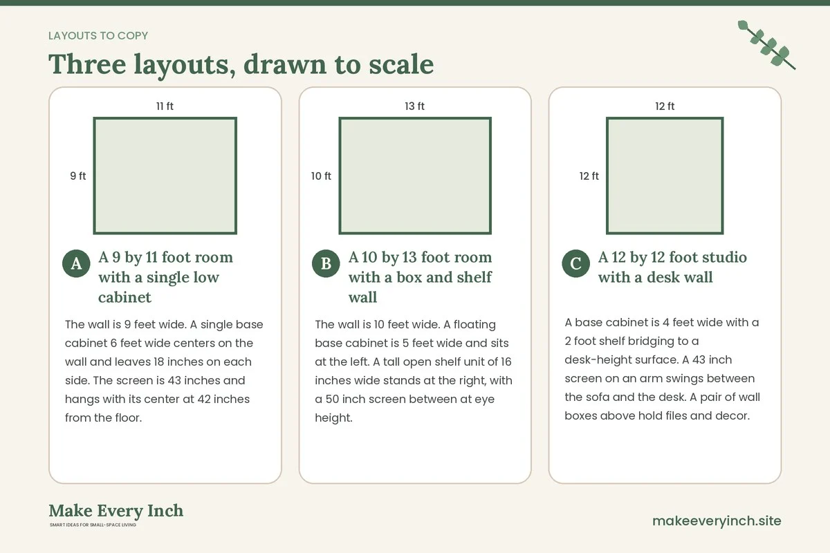 Three room layouts drawn to scale with dimensions and placement notes for: 13 Small Living Room TV Wall Ideas IKEA Shoppers Can Build From Flat-Pack