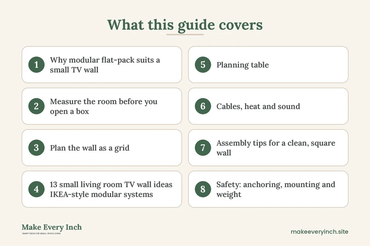 Graphic listing 8 topics covered in: 13 Small Living Room TV Wall Ideas IKEA Shoppers Can Build From Flat-Pack