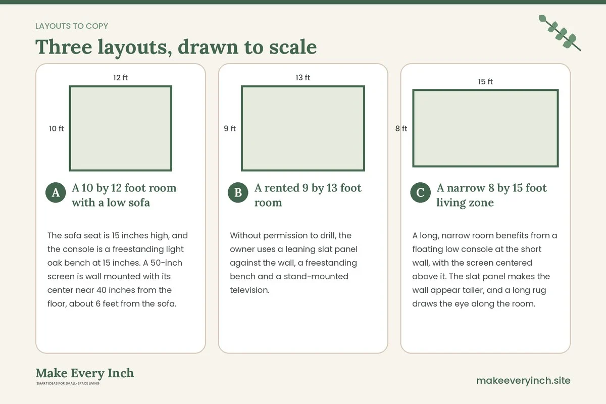 Three room layouts drawn to scale with dimensions and placement notes for: 12 Small Living Room TV Wall Ideas Japandi Style with Warm Wood