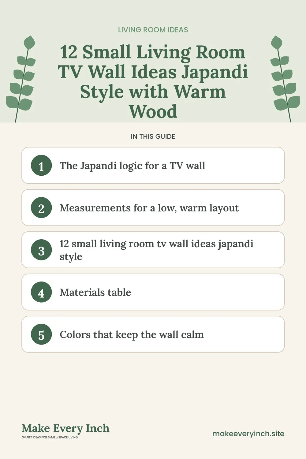 Pinterest pin listing the main topics in: 12 Small Living Room TV Wall Ideas Japandi Style with Warm Wood