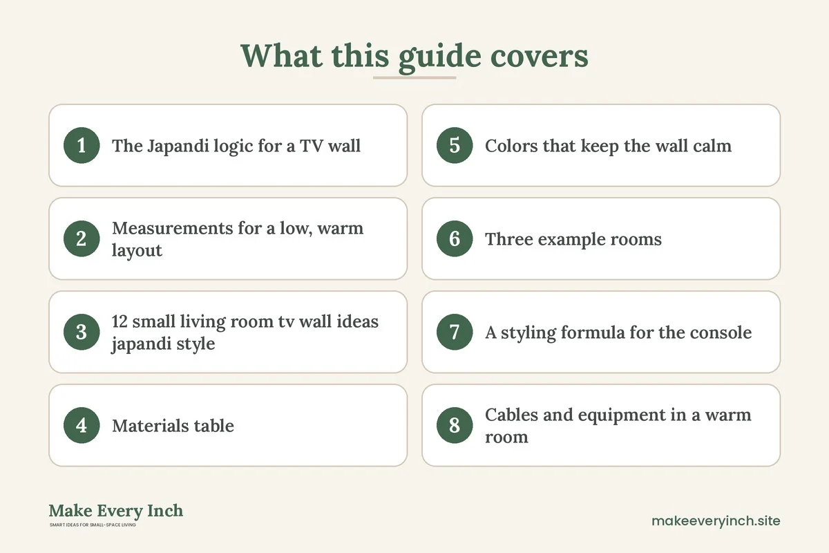 Graphic listing 8 topics covered in: 12 Small Living Room TV Wall Ideas Japandi Style with Warm Wood