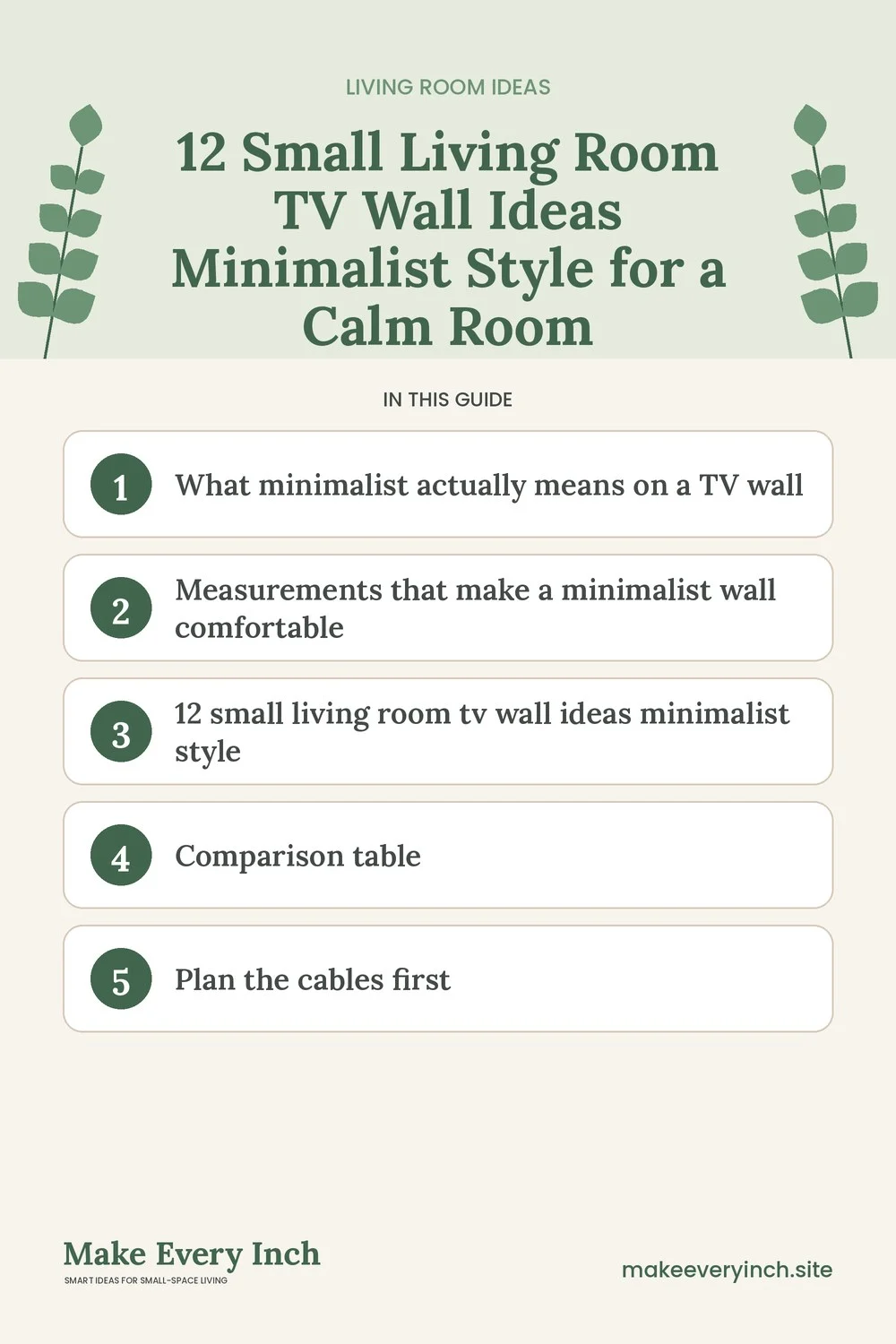 Pinterest pin listing the main topics in: 12 Small Living Room TV Wall Ideas Minimalist Style for a Calm Room