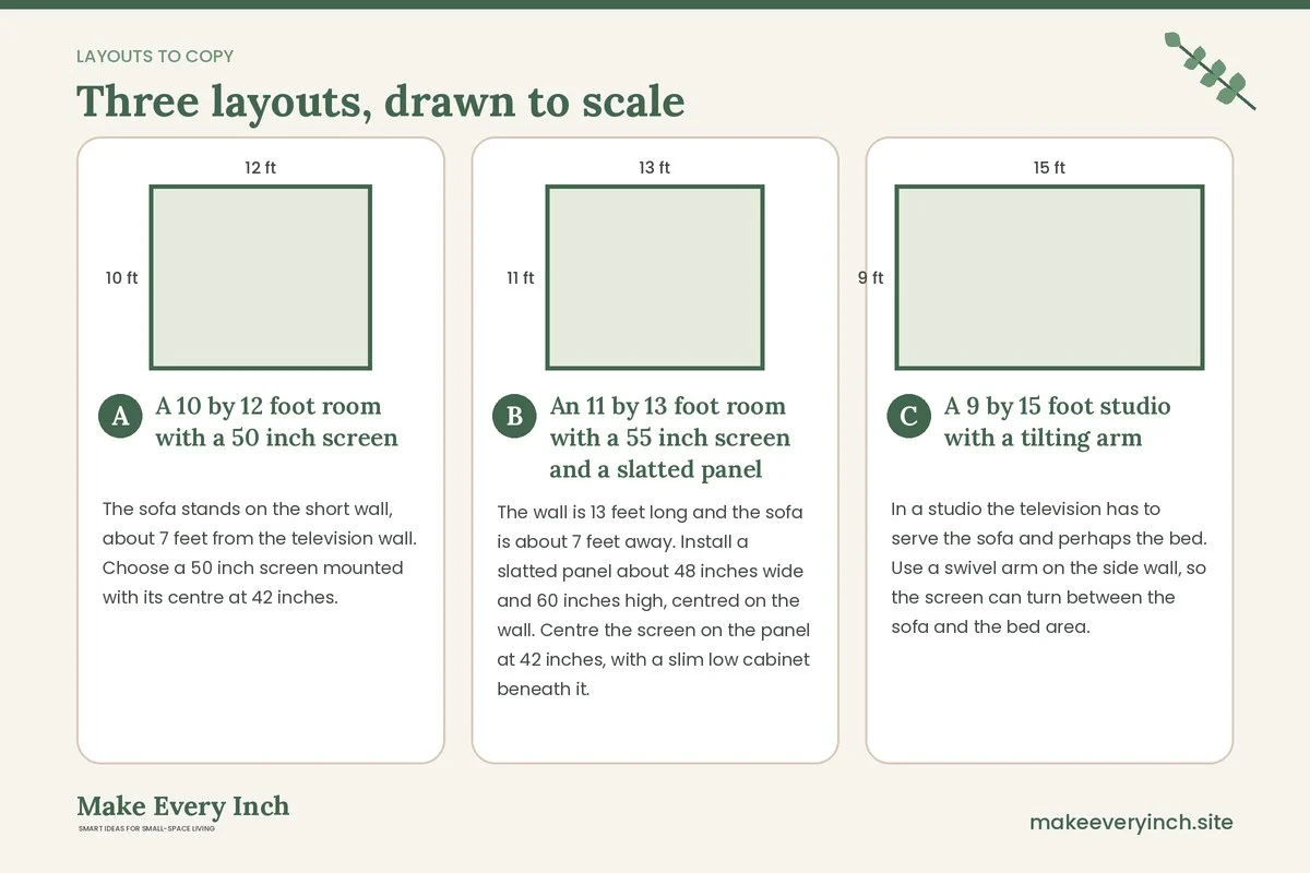 Three room layouts drawn to scale with dimensions and placement notes for: 12 Small Living Room TV Wall Ideas Modern Homes Love