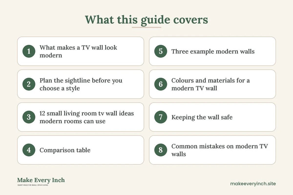 Graphic listing 8 topics covered in: 12 Small Living Room TV Wall Ideas Modern Homes Love