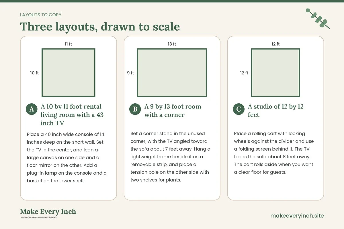 Three room layouts drawn to scale with dimensions and placement notes for: Small Living Room TV Wall Ideas Renter Friendly