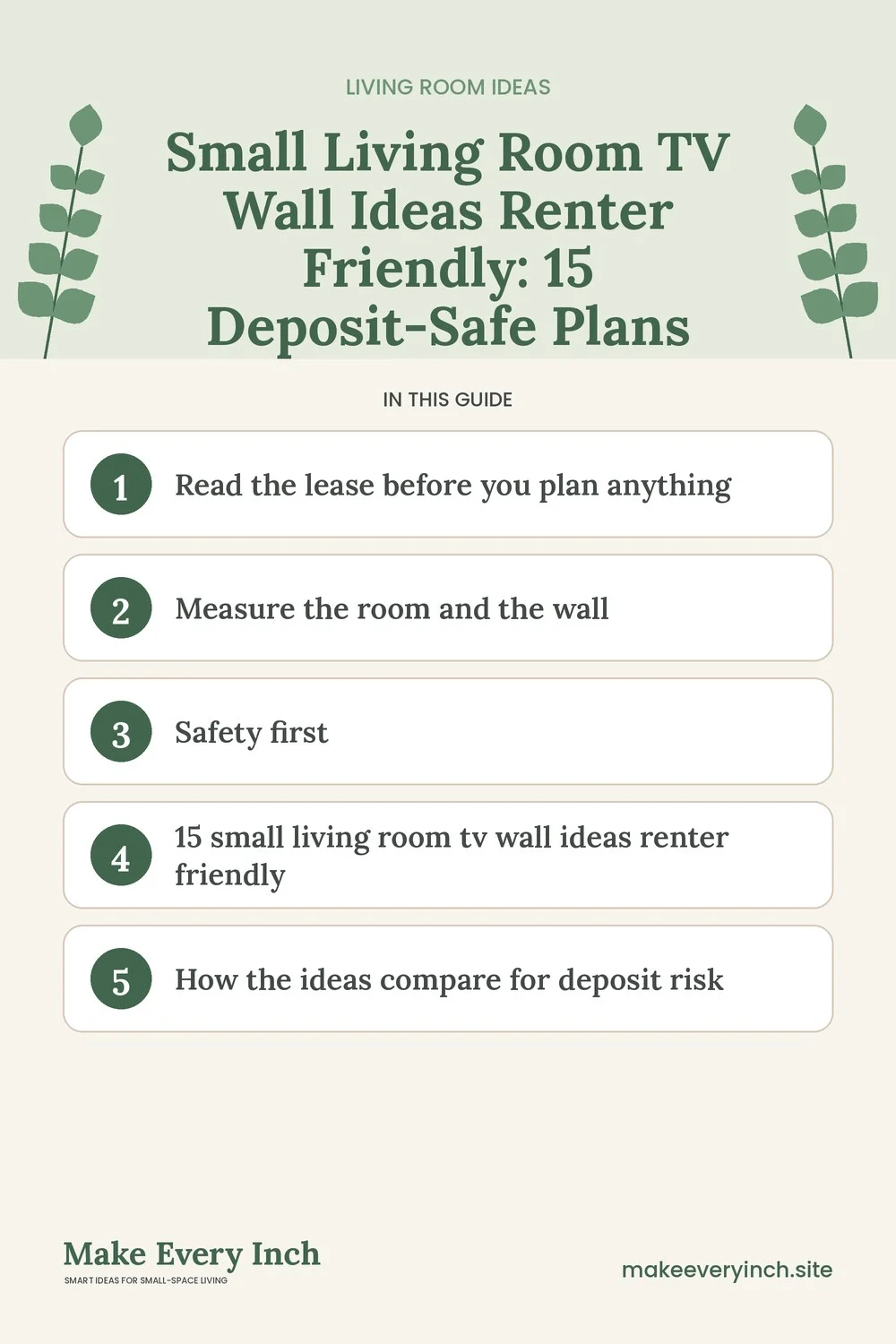 Pinterest pin listing the main topics in: Small Living Room TV Wall Ideas Renter Friendly