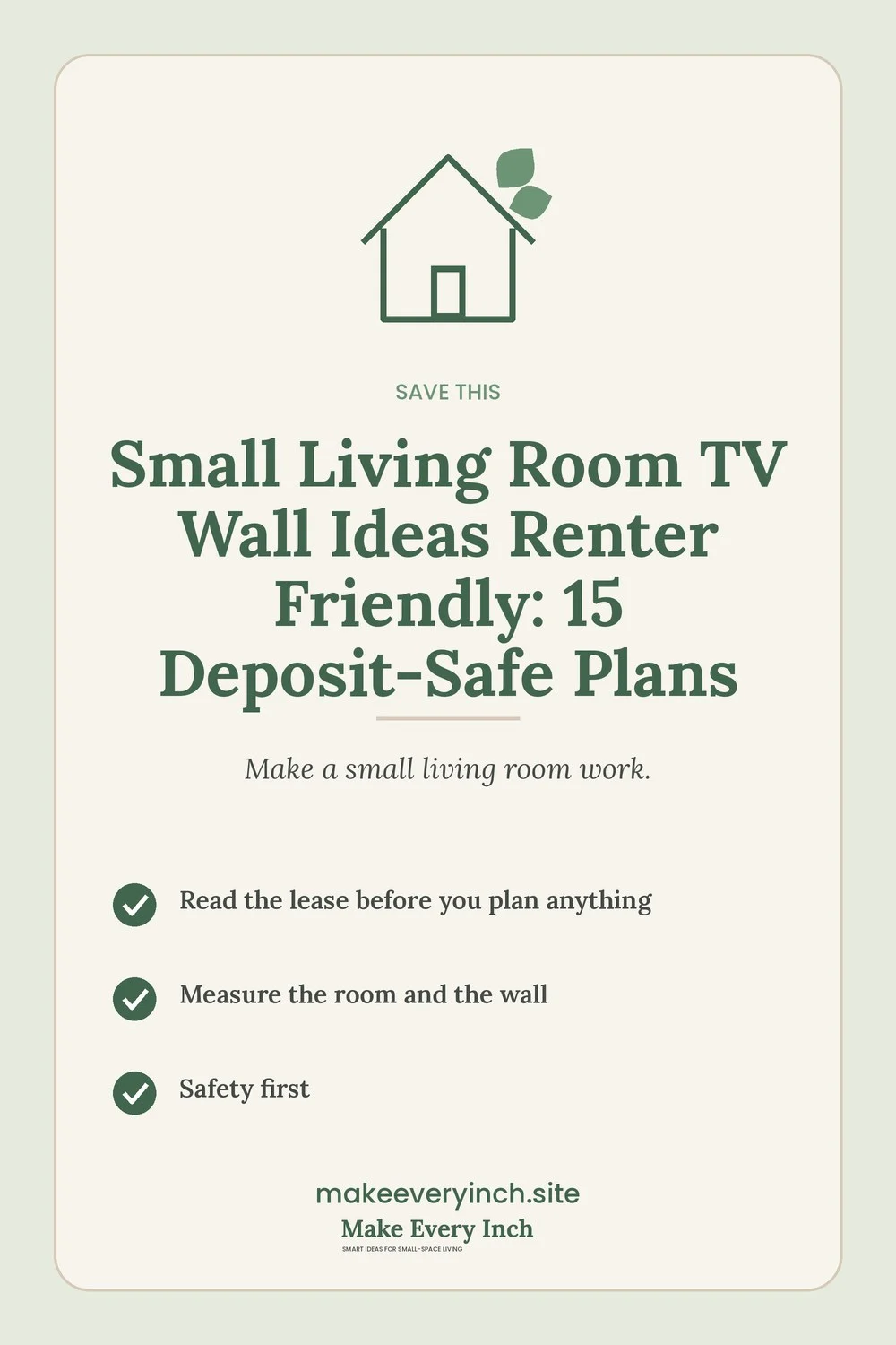 Save-this Pinterest pin with a short checklist for: Small Living Room TV Wall Ideas Renter Friendly