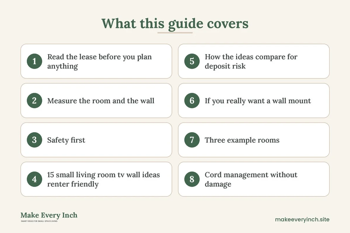 Graphic listing 8 topics covered in: Small Living Room TV Wall Ideas Renter Friendly