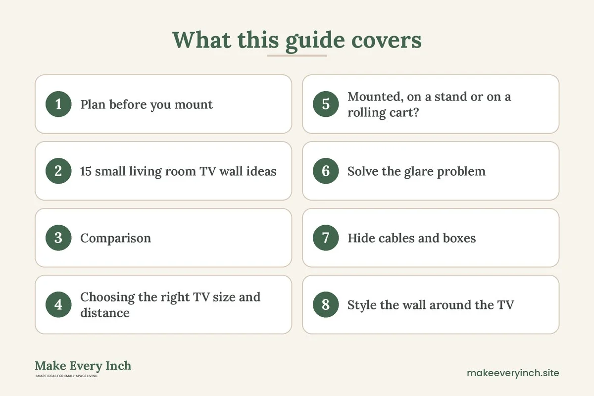 Graphic listing 8 topics covered in: Small Living Room TV Wall Ideas