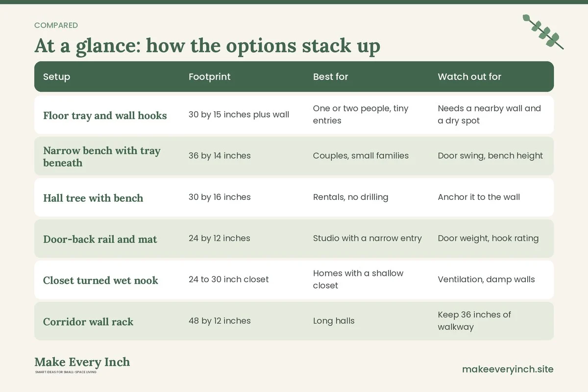 Comparison table of options for: Small Mudroom Ideas Without a Mudroom (Setup, Footprint, Best for, Watch out for)