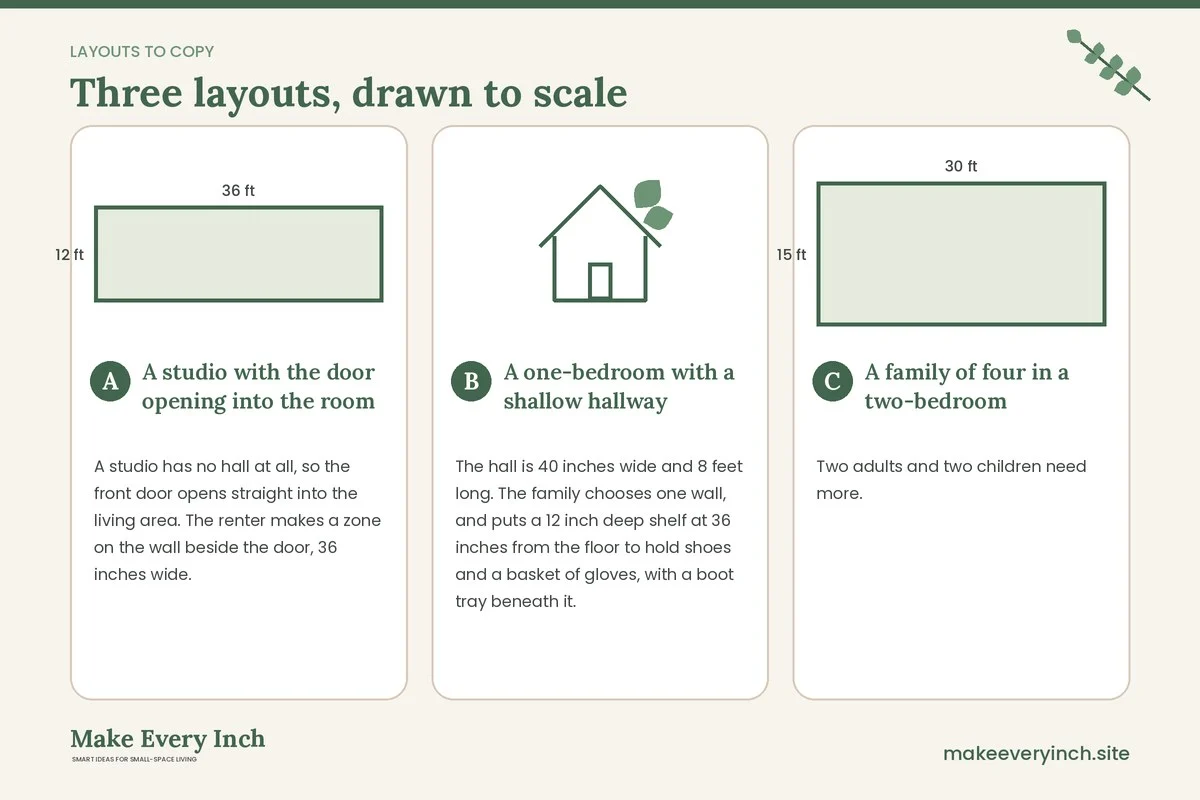 Three room layouts drawn to scale with dimensions and placement notes for: Small Mudroom Ideas Without a Mudroom