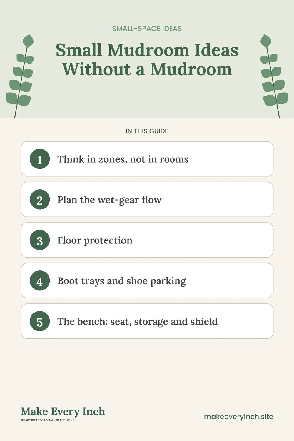 Pinterest pin listing the main topics in: Small Mudroom Ideas Without a Mudroom