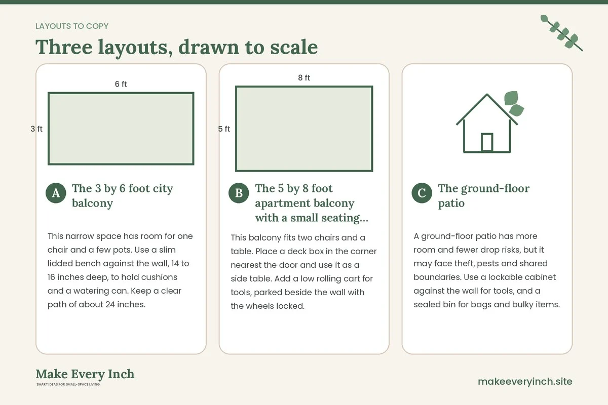 Three room layouts drawn to scale with dimensions and placement notes for: Small Outdoor Storage Ideas for Apartments