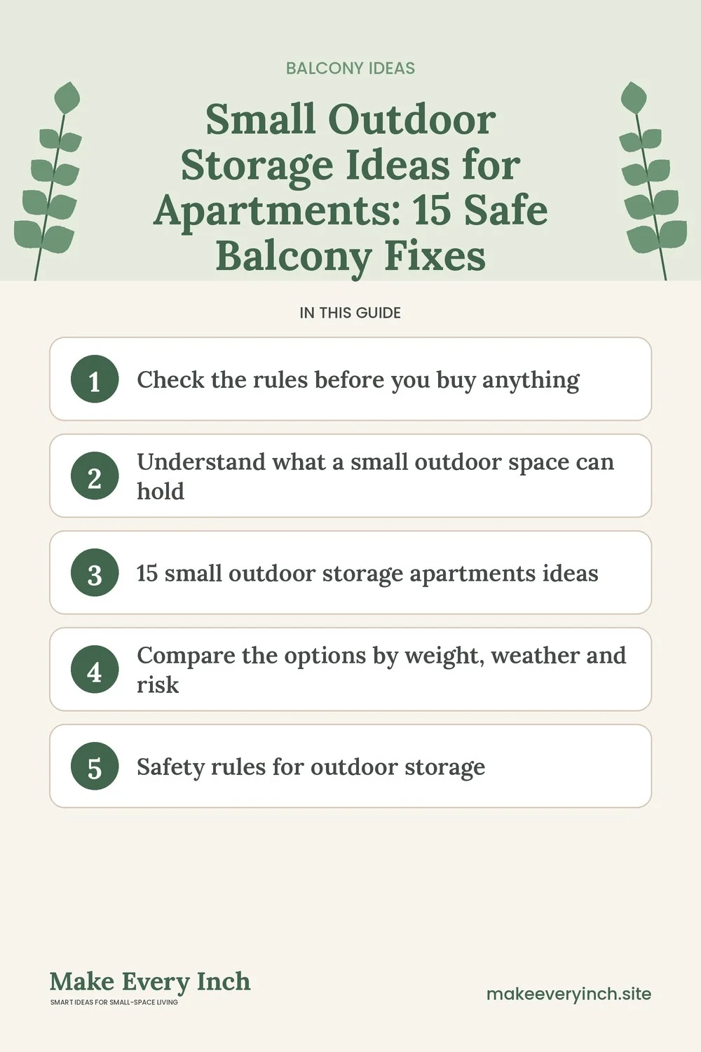 Pinterest pin listing the main topics in: Small Outdoor Storage Ideas for Apartments