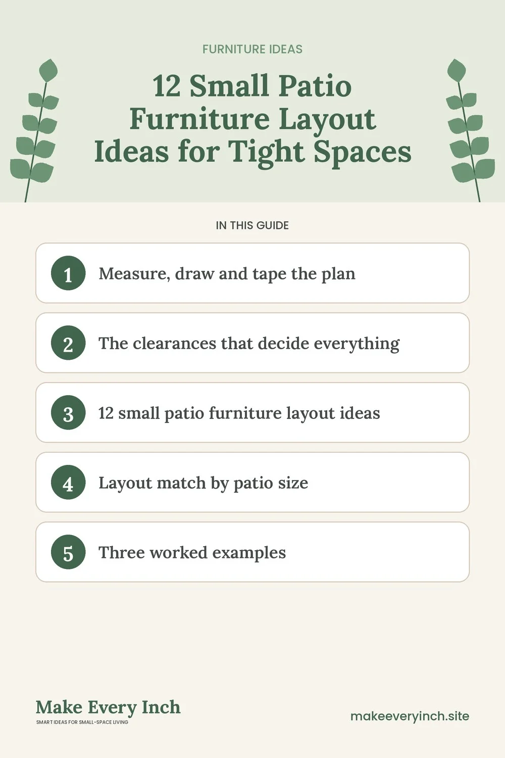 Pinterest pin listing the main topics in: 12 Small Patio Furniture Layout Ideas for Tight Spaces