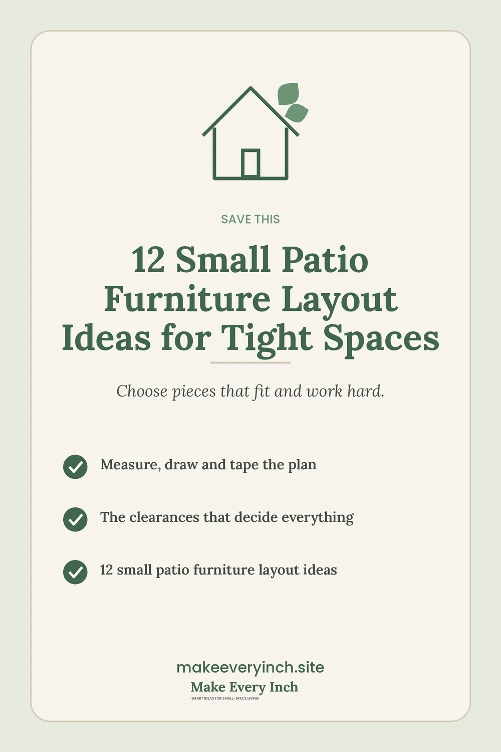 Save-this Pinterest pin with a short checklist for: 12 Small Patio Furniture Layout Ideas for Tight Spaces