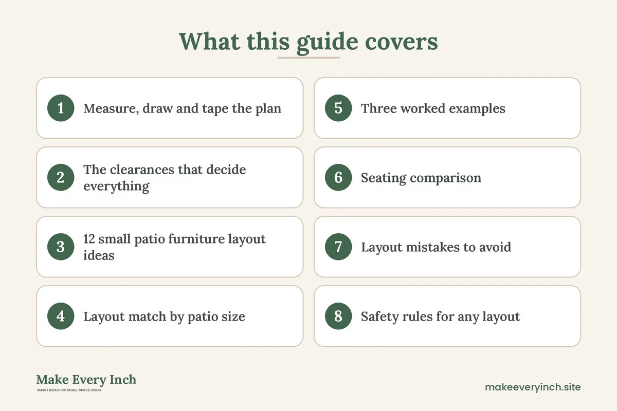 Graphic listing 8 topics covered in: 12 Small Patio Furniture Layout Ideas for Tight Spaces