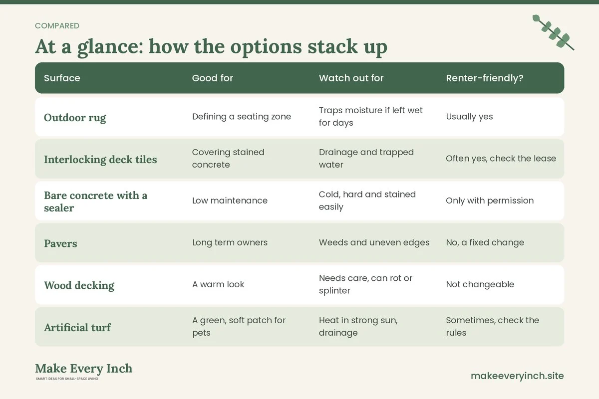 Comparison table of options for: 15 Small Patio Ideas for Compact Homes (Surface, Good for, Watch out for, Renter-friendly?)