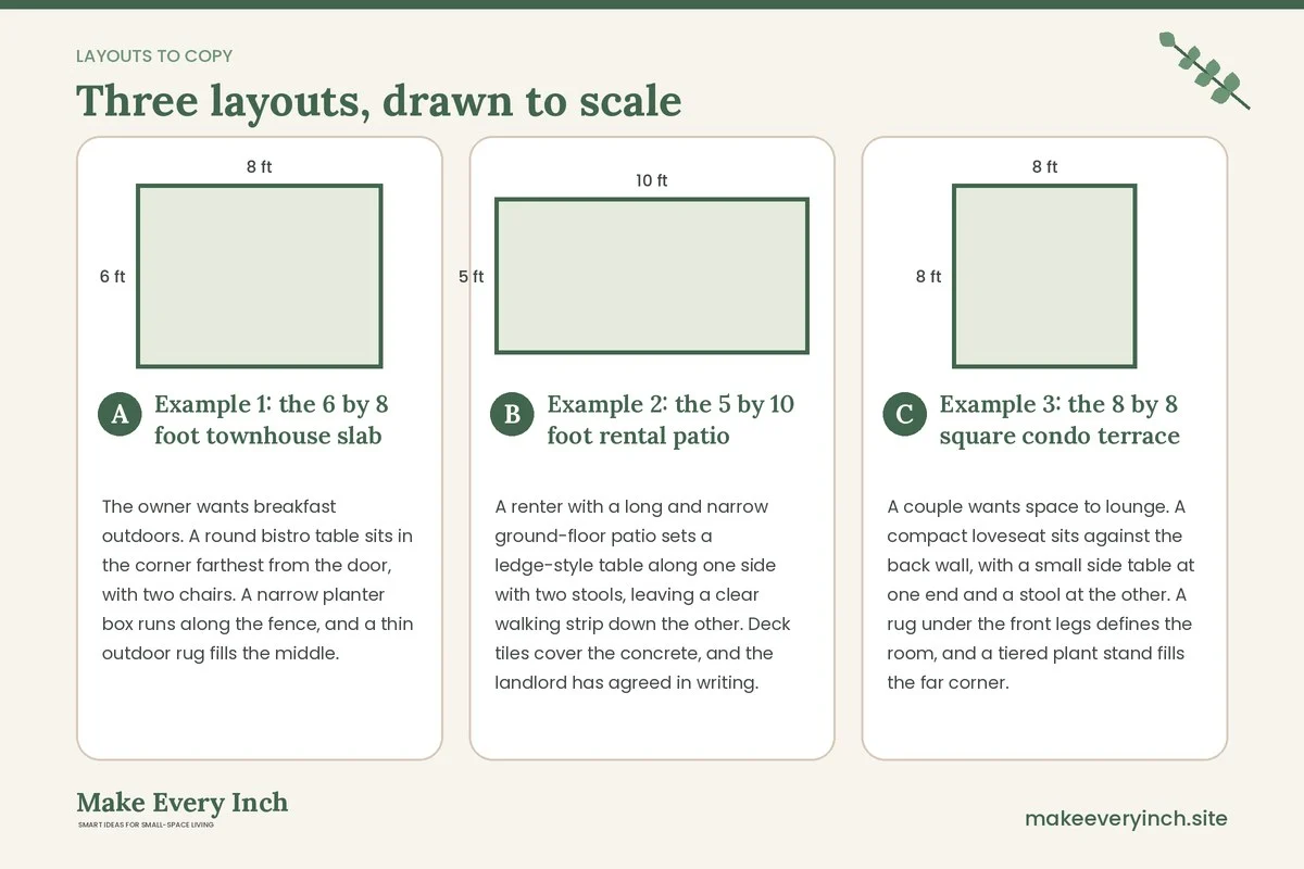 Three room layouts drawn to scale with dimensions and placement notes for: 15 Small Patio Ideas for Compact Homes
