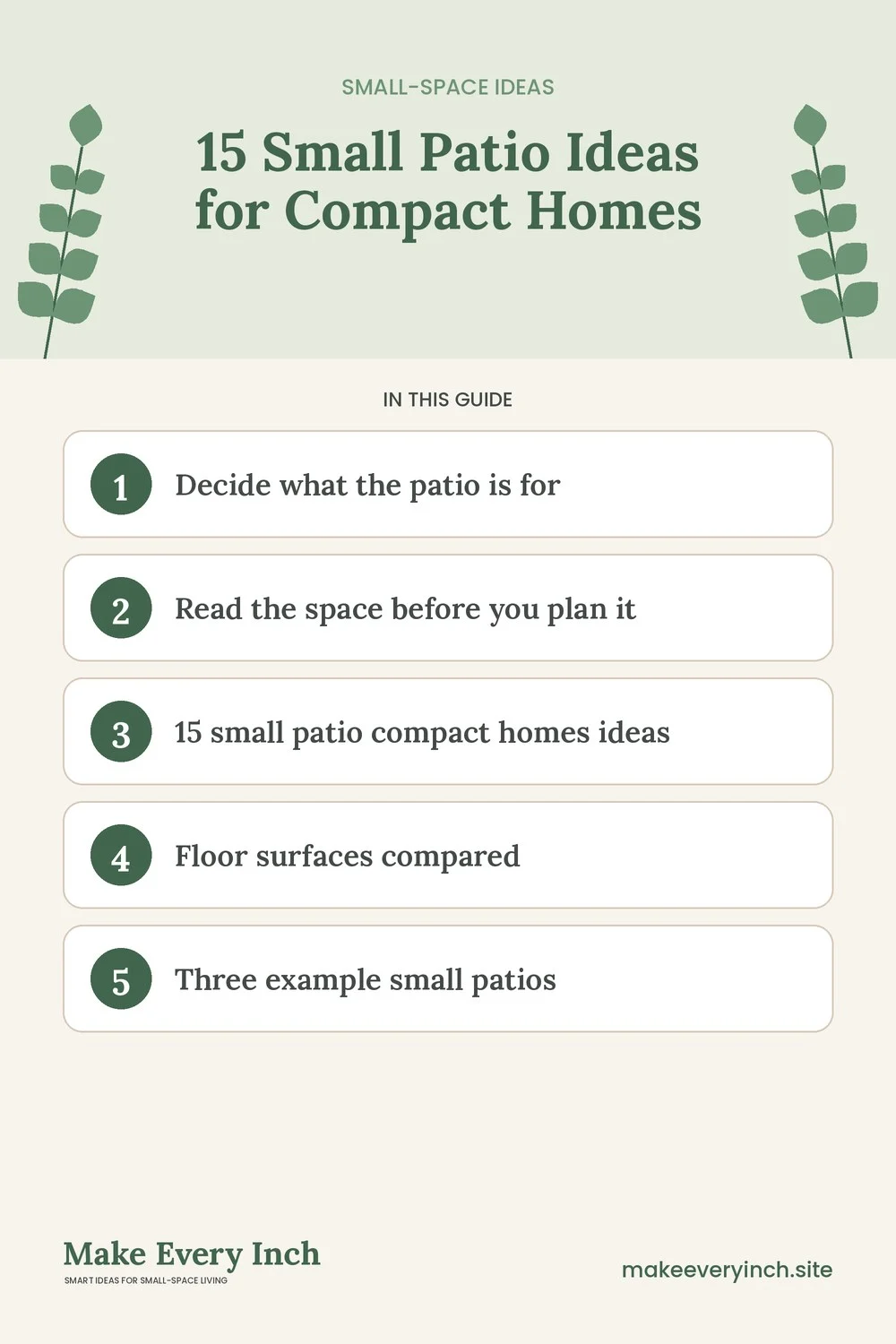 Pinterest pin listing the main topics in: 15 Small Patio Ideas for Compact Homes