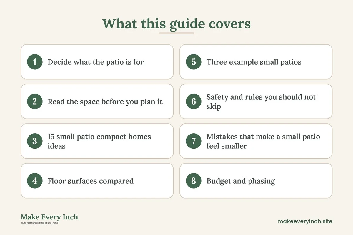 Graphic listing 8 topics covered in: 15 Small Patio Ideas for Compact Homes