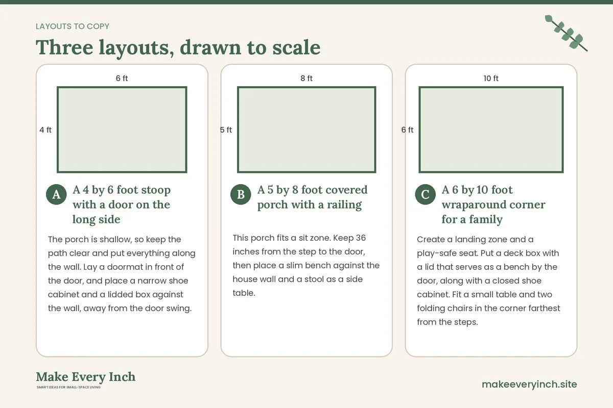 Three room layouts drawn to scale with dimensions and placement notes for: 17 Small Porch Decorating Ideas for Welcome and Function
