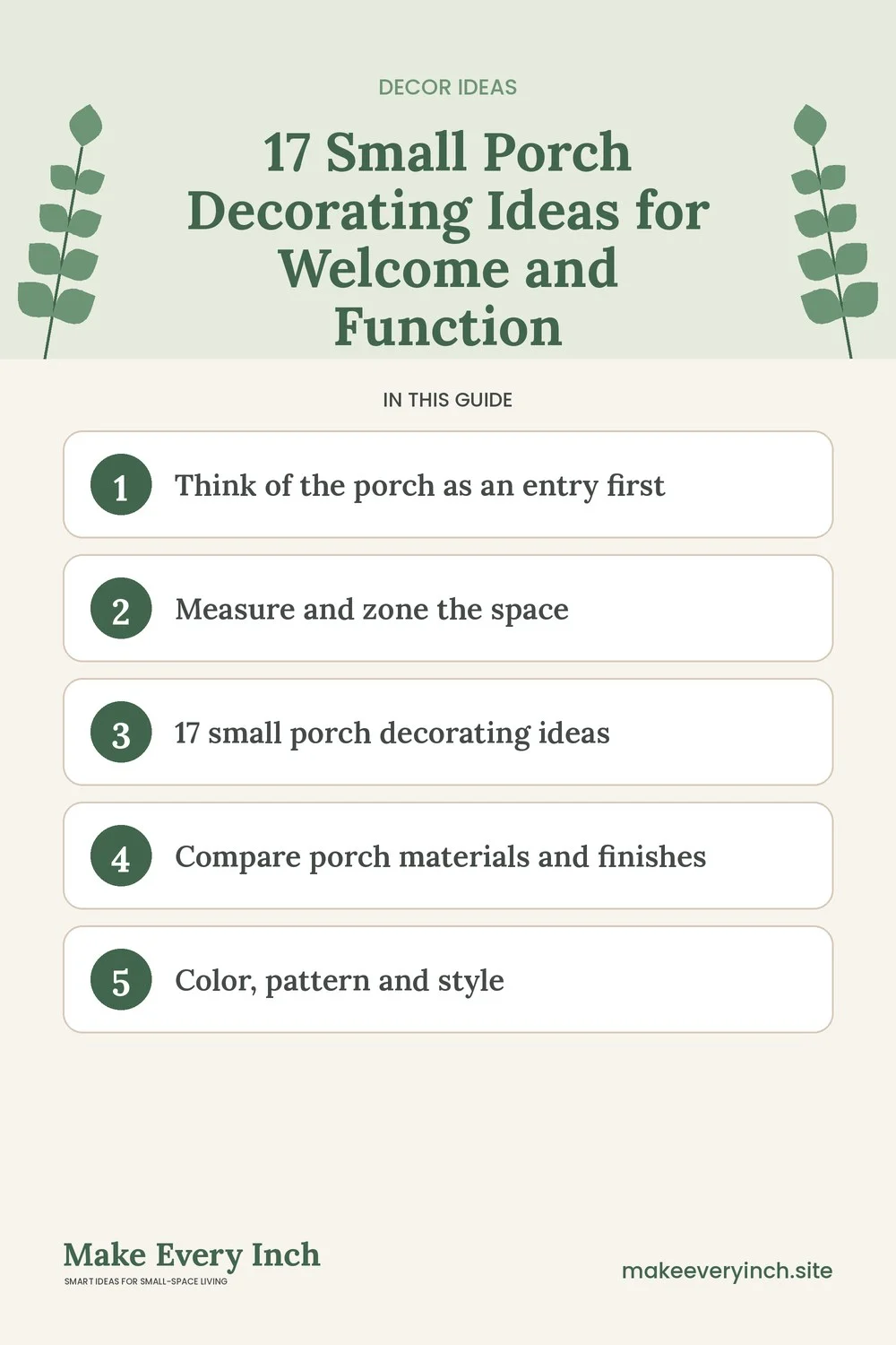 Pinterest pin listing the main topics in: 17 Small Porch Decorating Ideas for Welcome and Function