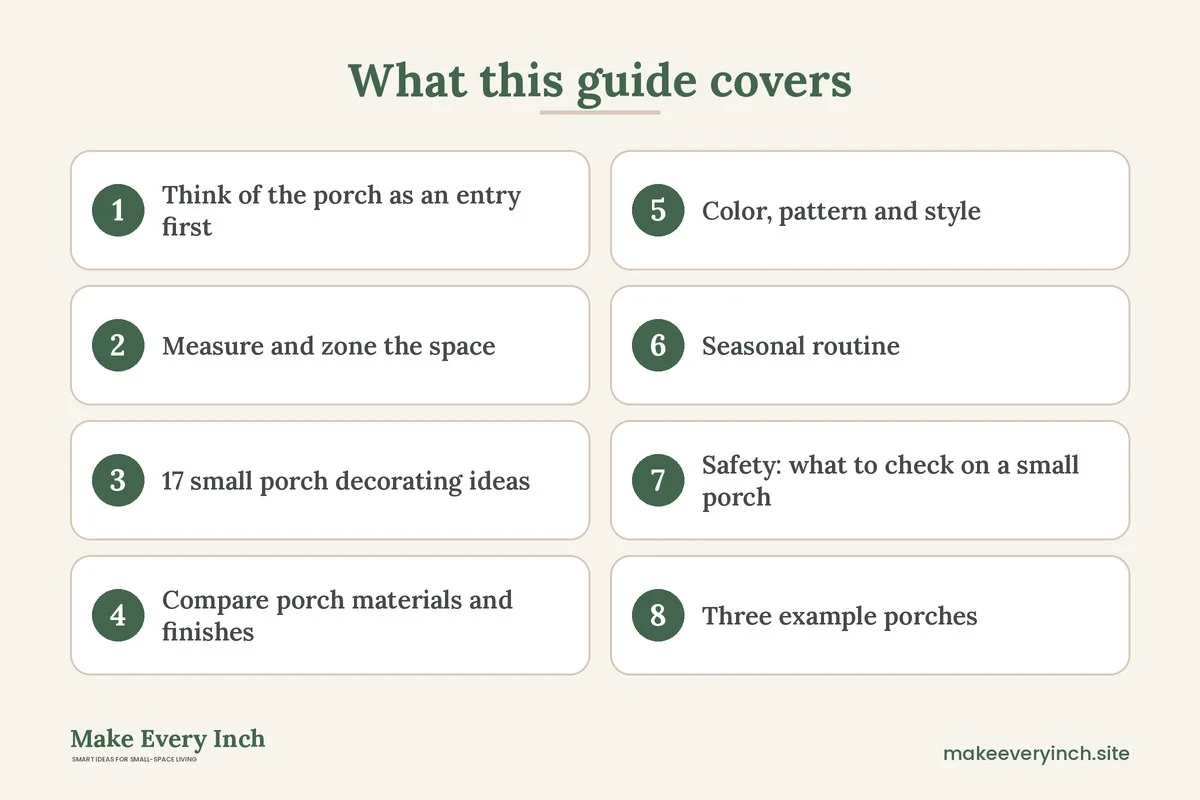 Graphic listing 8 topics covered in: 17 Small Porch Decorating Ideas for Welcome and Function