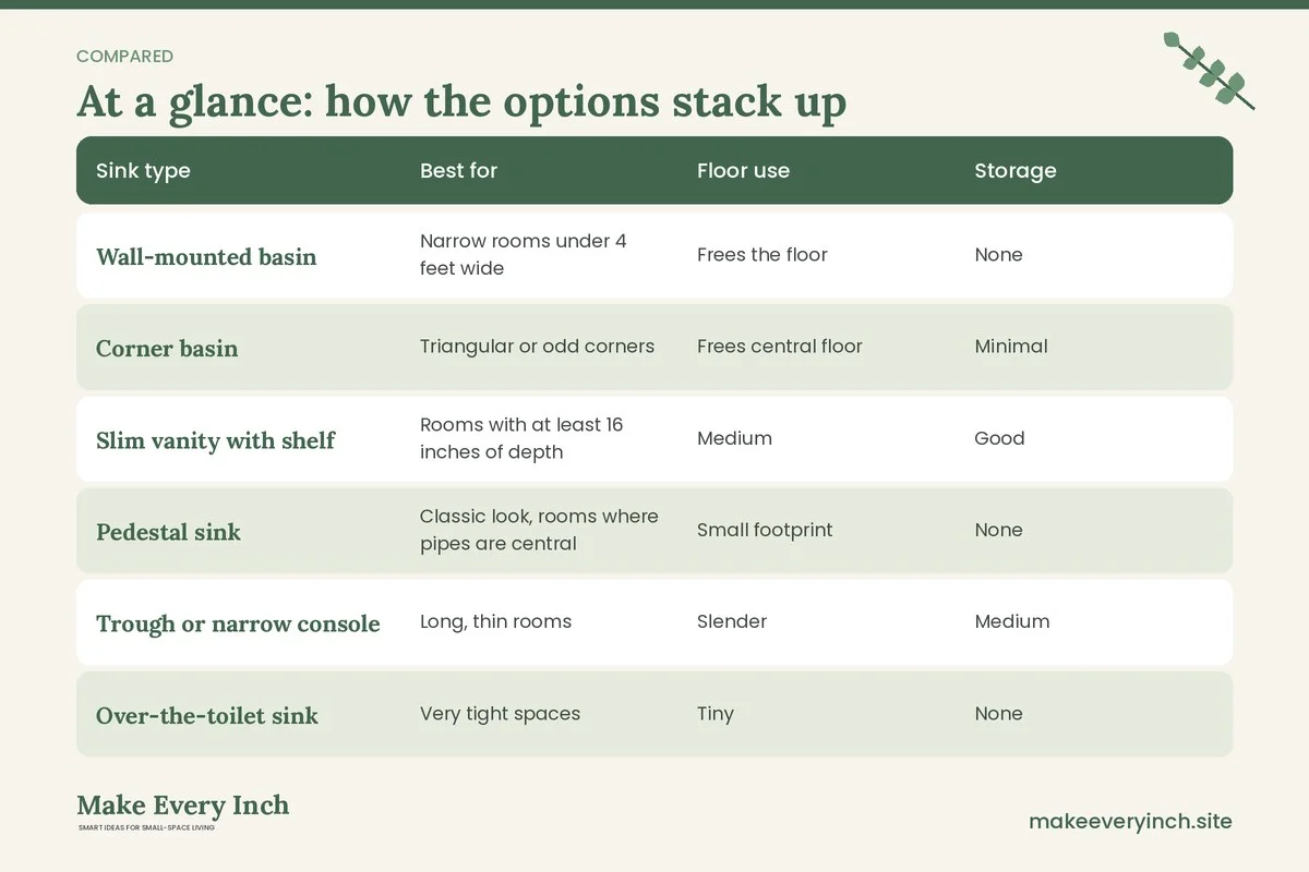 Comparison table of options for: Small Powder Room Ideas (Sink type, Best for, Floor use, Storage)