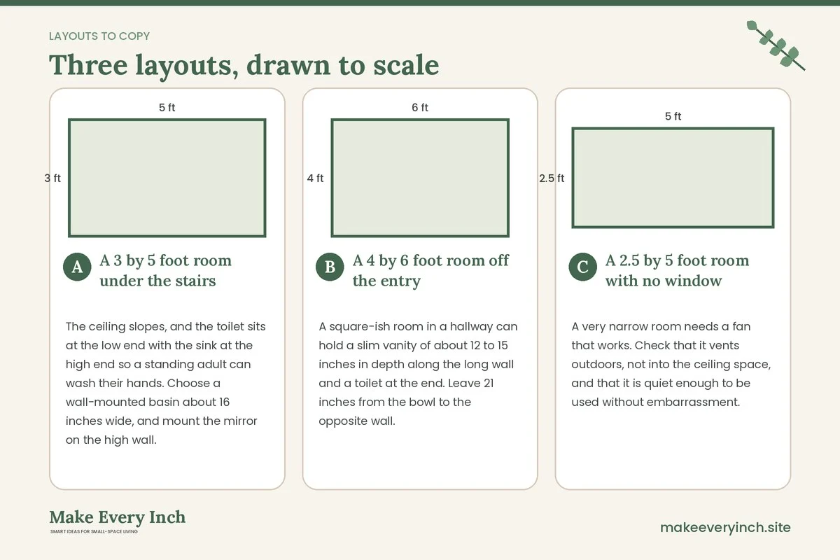 Three room layouts drawn to scale with dimensions and placement notes for: Small Powder Room Ideas