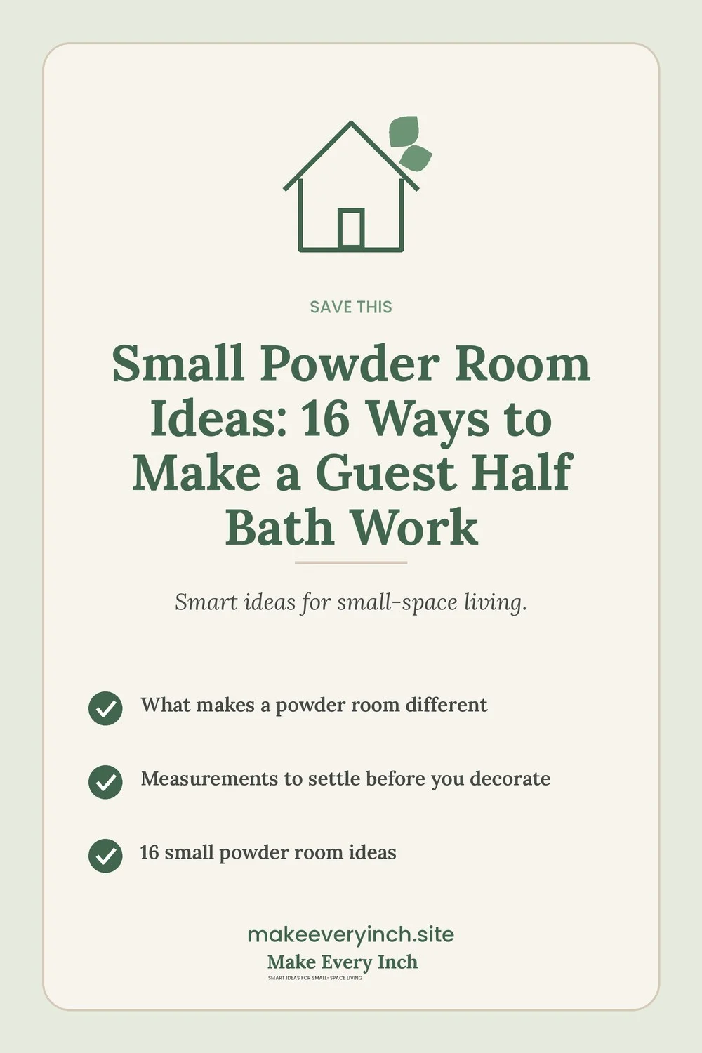 Save-this Pinterest pin with a short checklist for: Small Powder Room Ideas