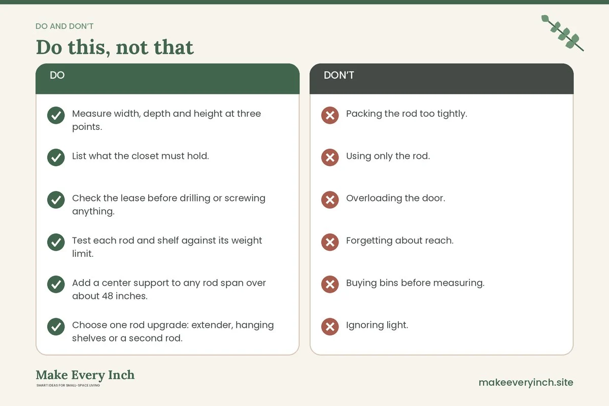Do and don't checklist for: Small Reach-In Closet Organization Ideas