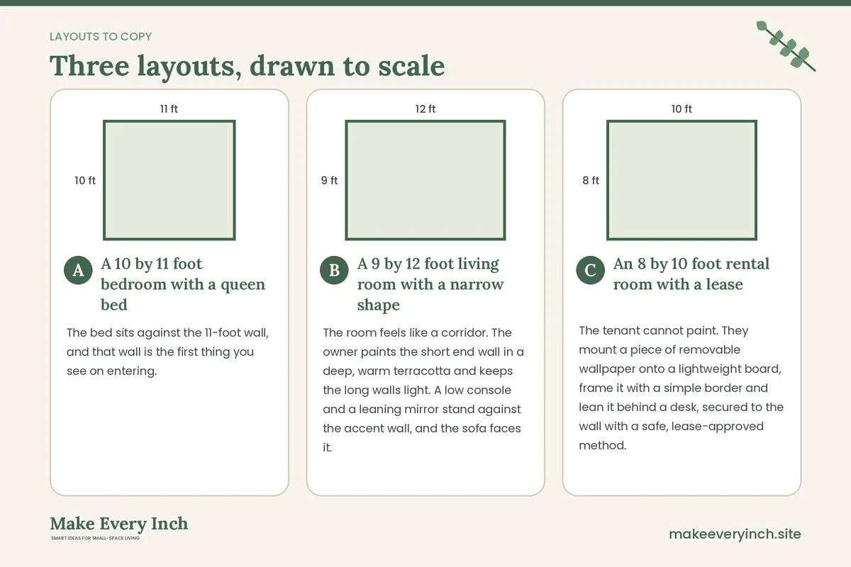 Three room layouts drawn to scale with dimensions and placement notes for: 15 Small Room Accent Wall Ideas That Add Depth Without Shrinking the Space